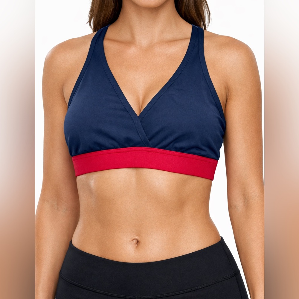 HANDFUL Sports Bra Womens S Blue‎ Red Band Cross Over Wireless Racerback